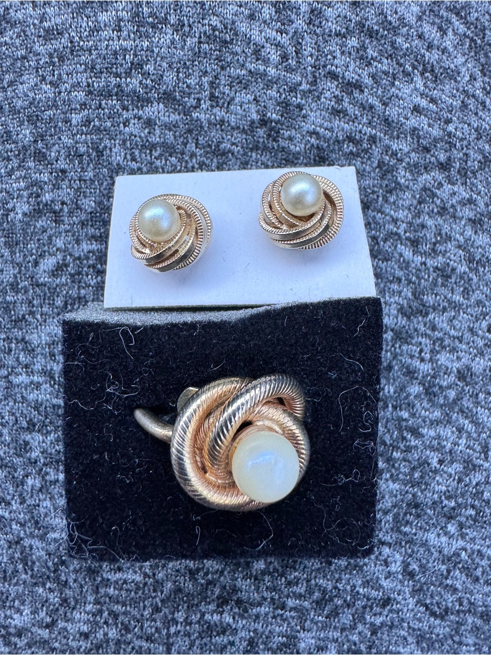 Vintage Sarah Coventry 60’s Gold Tone with Pearl Lover’s Knot Earrings and Ring